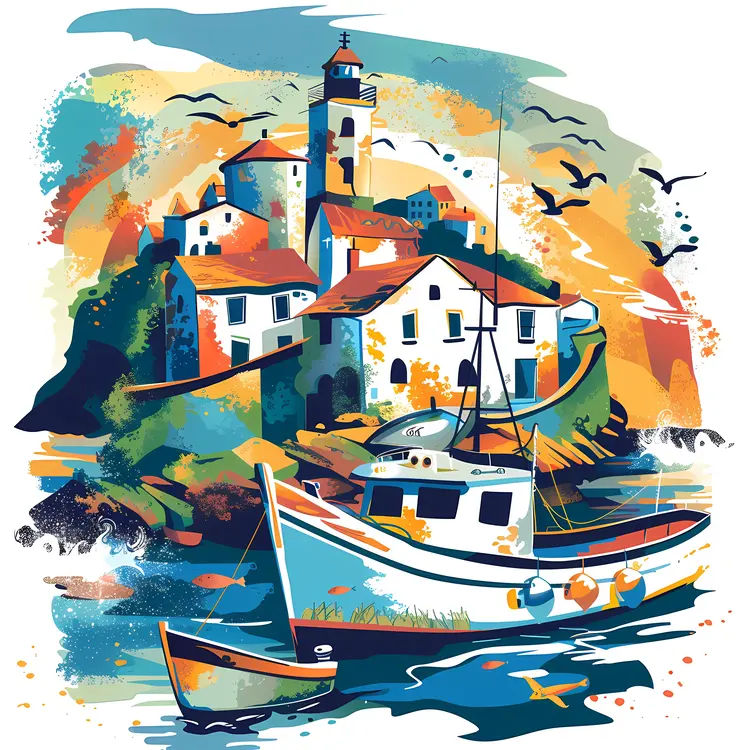 Colorful Coastal Town with Boats
