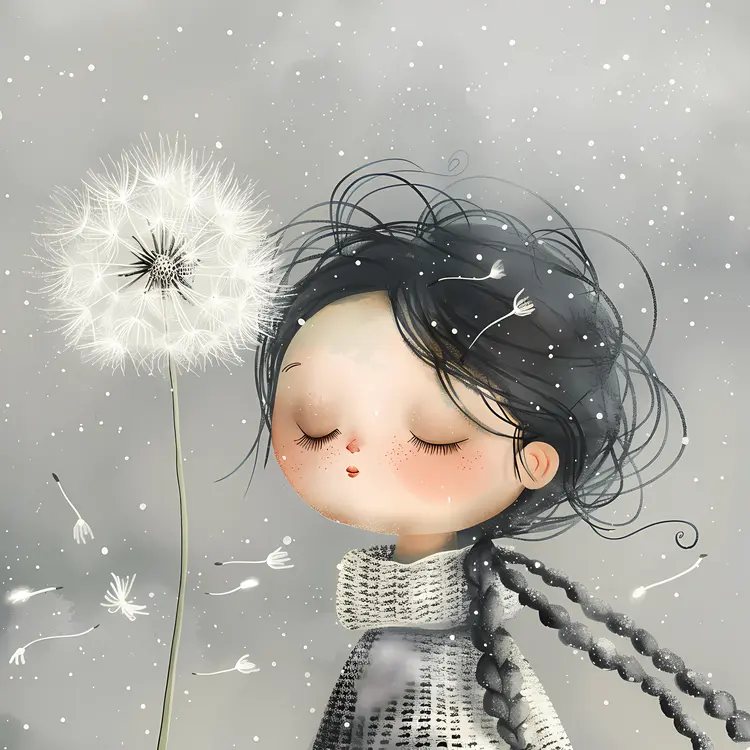 Cute Girl with Dandelion in Snow