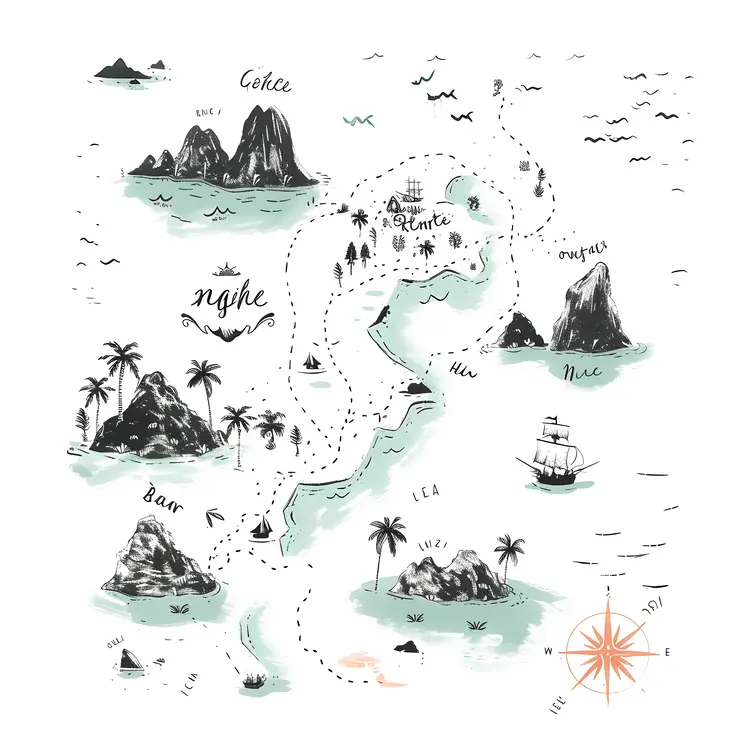Detailed Treasure Map with Islands and Ships