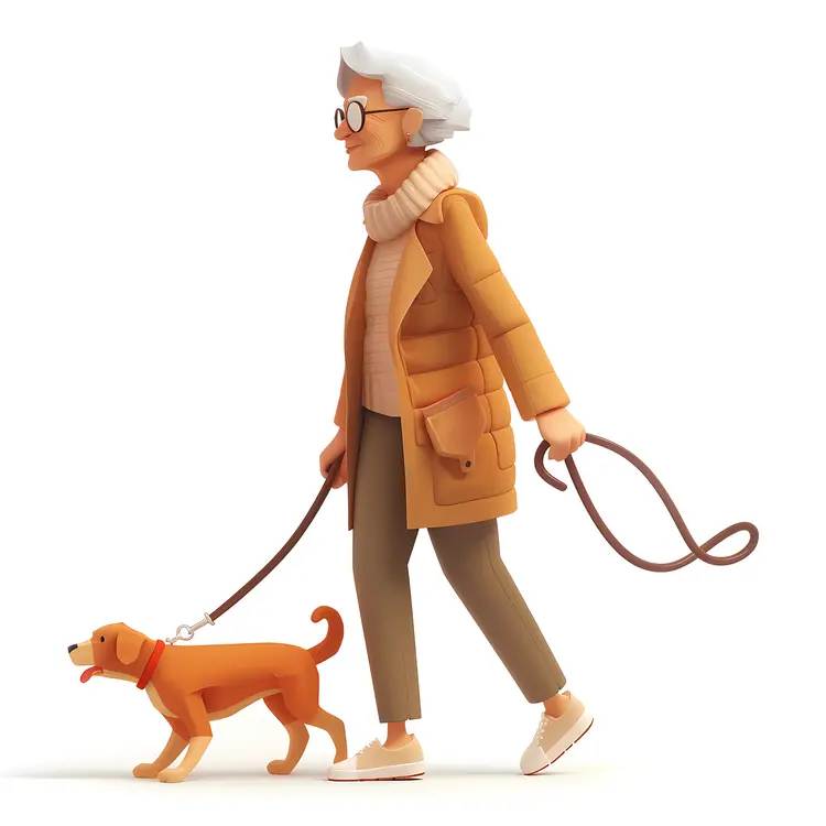 Elderly Woman Strolling with Dog