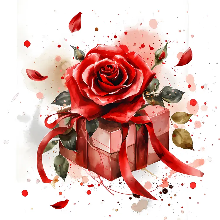 Red Rose on Gift Box with Ribbon