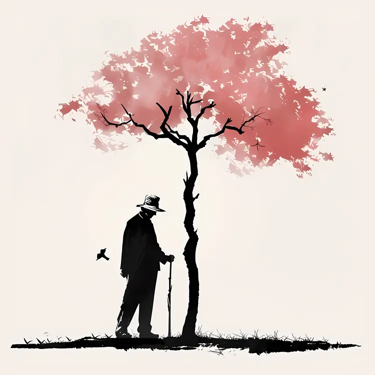 Silhouette of Person with Cane Near Tree
