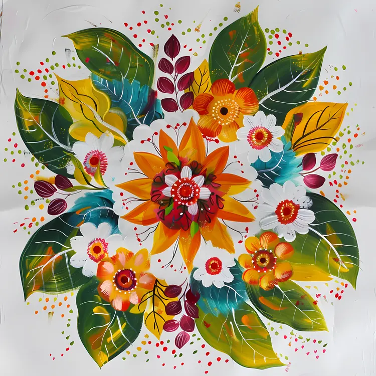 Colorful Floral Design with Leaves and Flowers