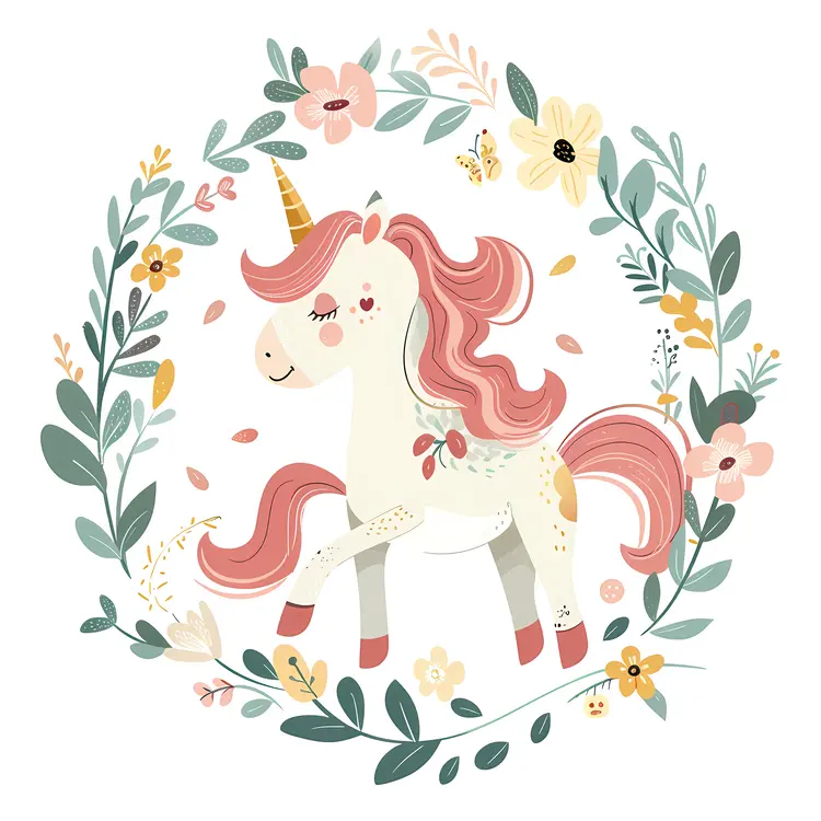 Adorable Unicorn with Floral Wreath