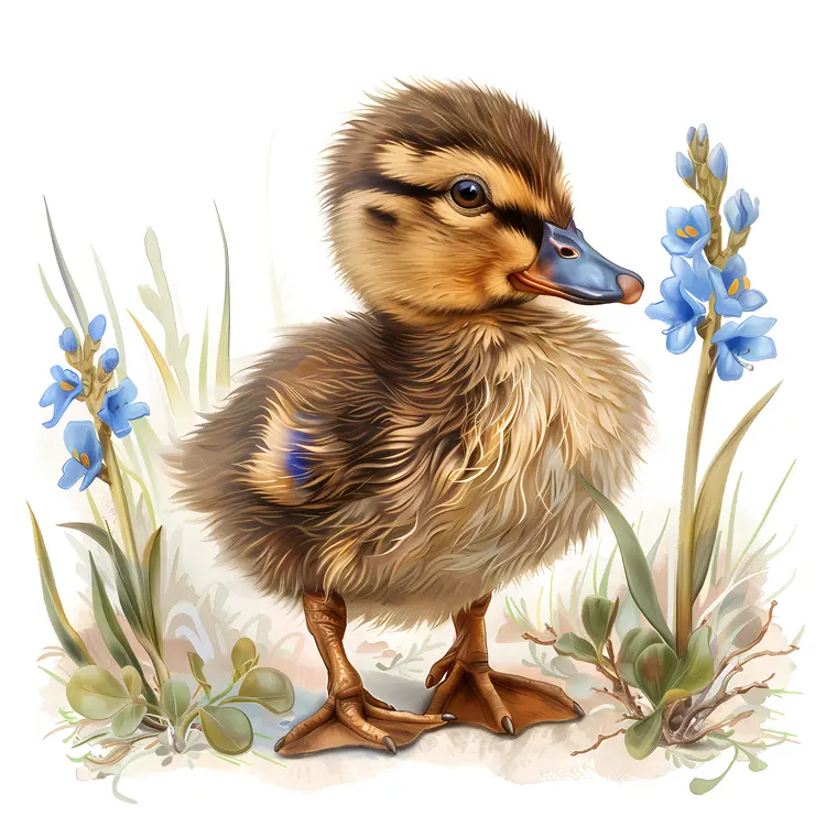 Cute Duckling with Blue Flowers