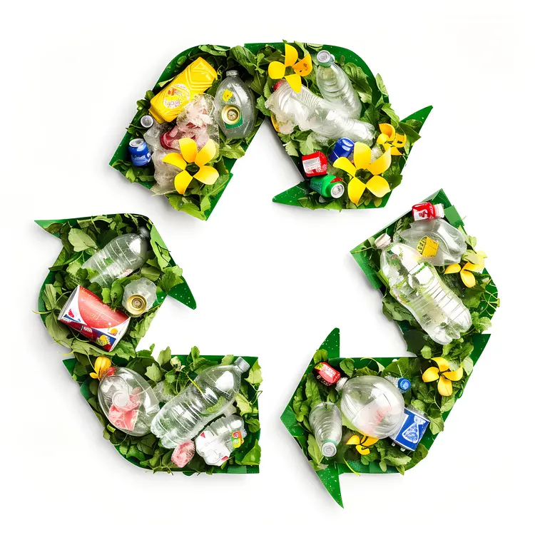 Recycling Symbol with Plastic Bottles and Flowers