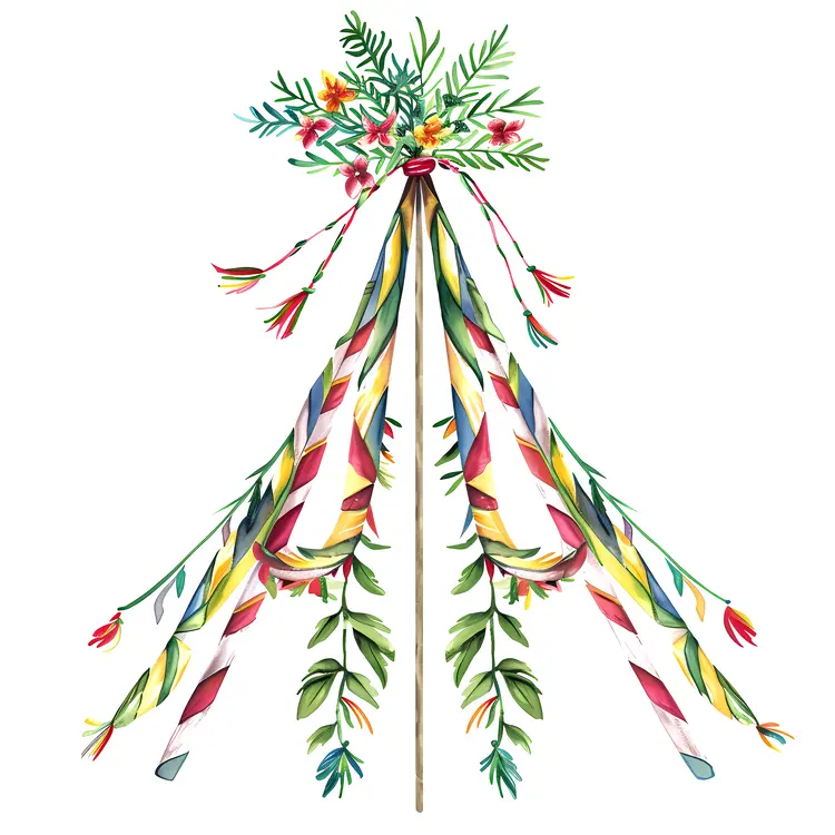 Maypole with Leaves and Colorful Ribbons