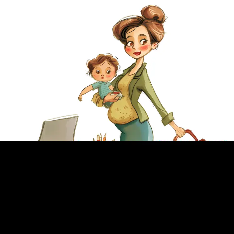 Pregnant Woman with Child in Office Illustration