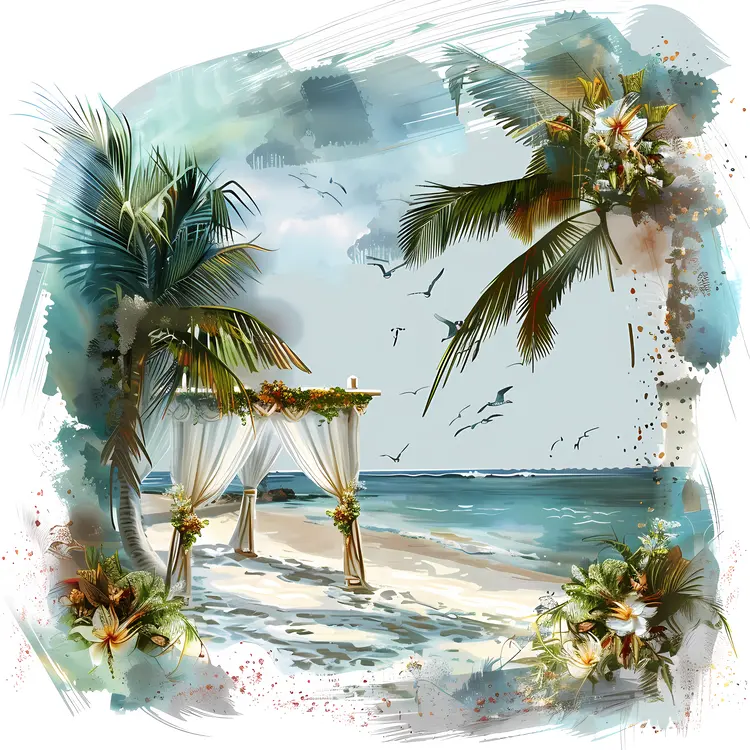 Romantic Beach Wedding Setup with Palm Trees and Flowers