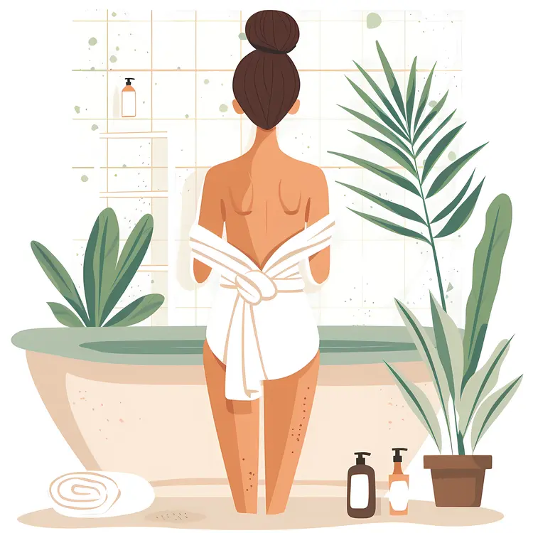 Woman in Towel Relaxing in Bathroom with Plants