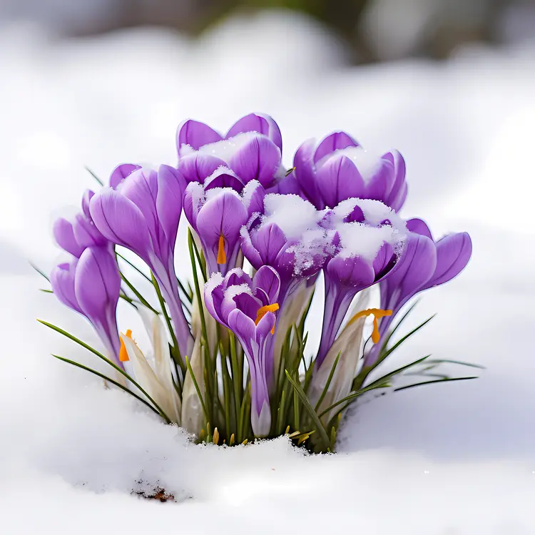 Purple Crocus Flowers in Snow