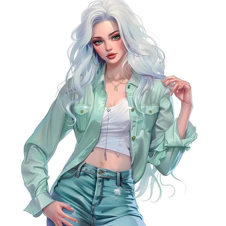 Stylish White-Haired Woman in Denim Jacket