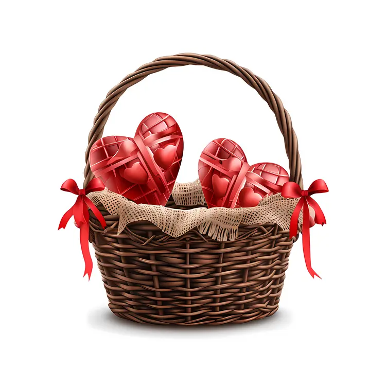 Red Hearts in Brown Basket for Valentine's Day