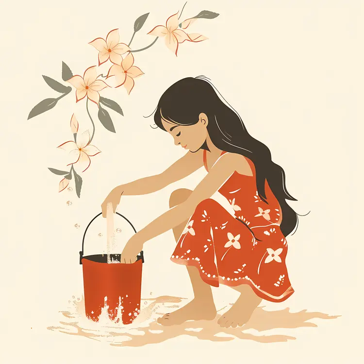 Girl Watering Flowers with Bucket