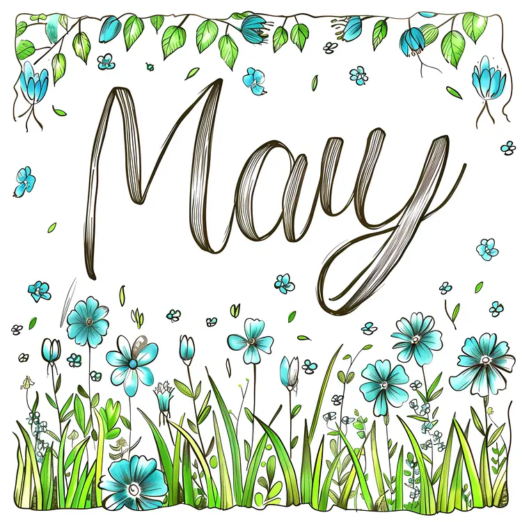 May with Blue Flowers and Greenery