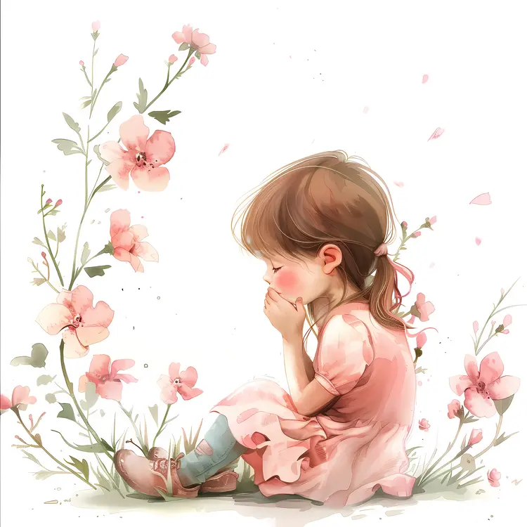 Girl with Pink Flowers Illustration