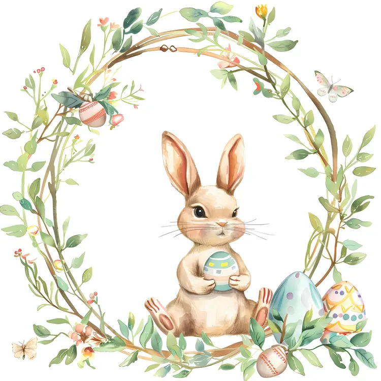 Bunny Holding Easter Egg in Wreath
