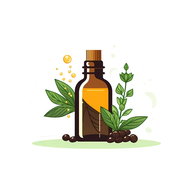 Essential Oil Bottle with Leaves and Herbs