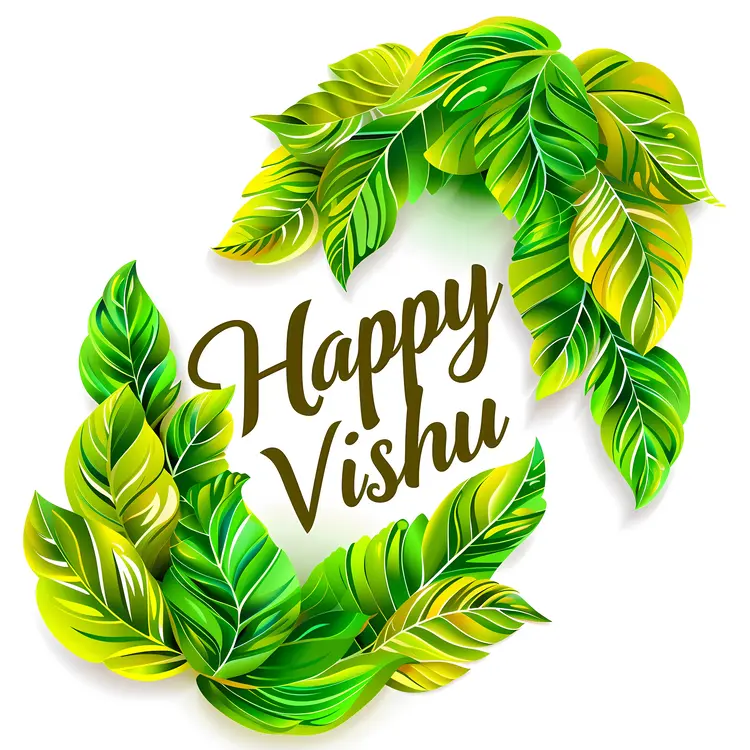 Happy Vishu Greeting with Green Leaves