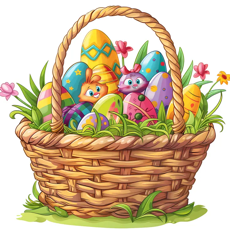 Basket with Easter Eggs and Flowers
