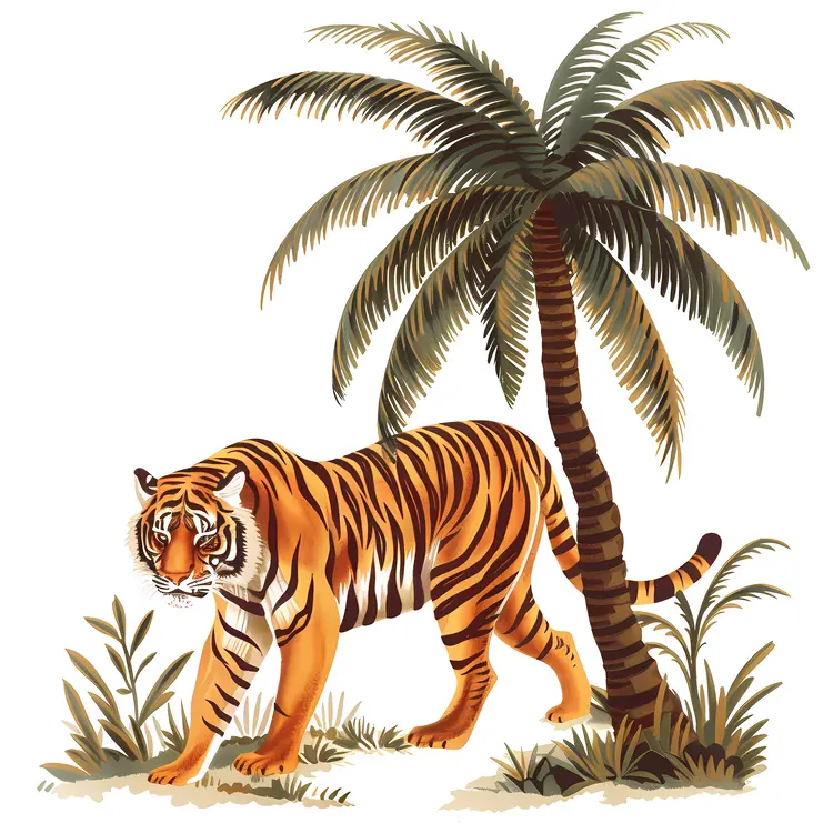 Tiger and Palm Tree in Tropical Jungle
