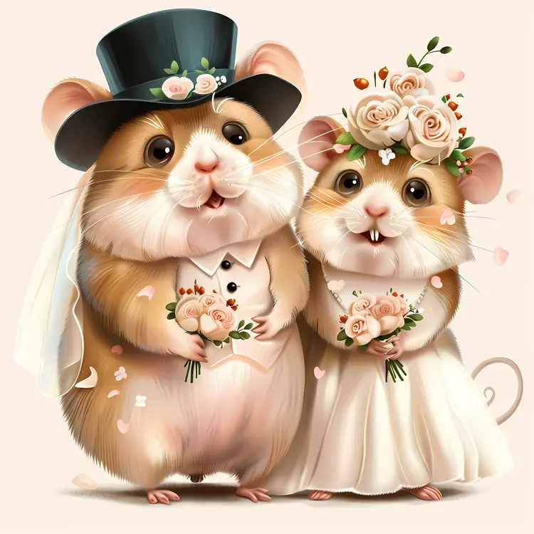 Hamsters in Wedding Attire Holding Bouquets