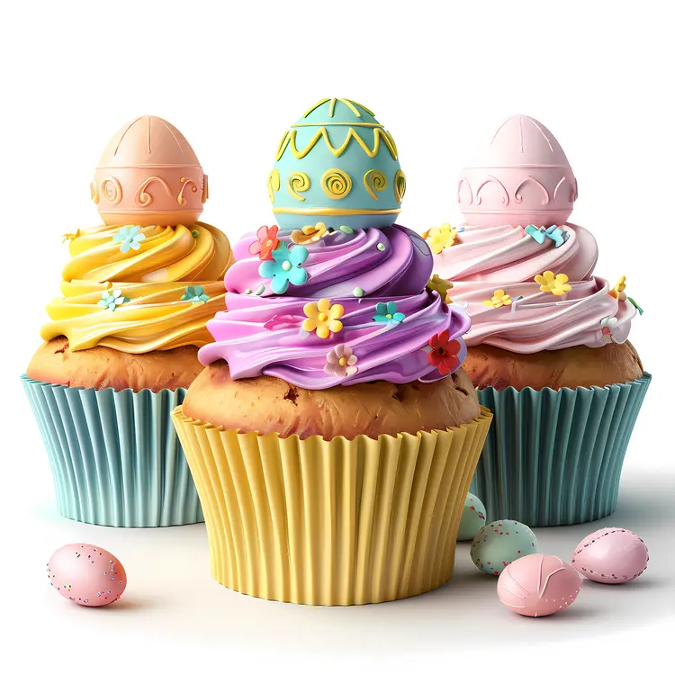 Easter Egg Cupcakes with Colorful Frosting and Flowers