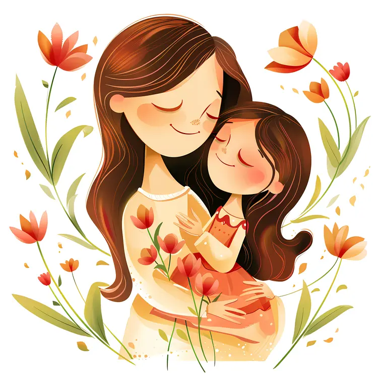 Mother and Daughter Embracing in a Flower Field