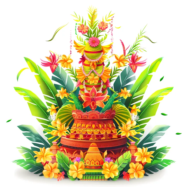 Colorful Shrine Illustration with Floral Elements