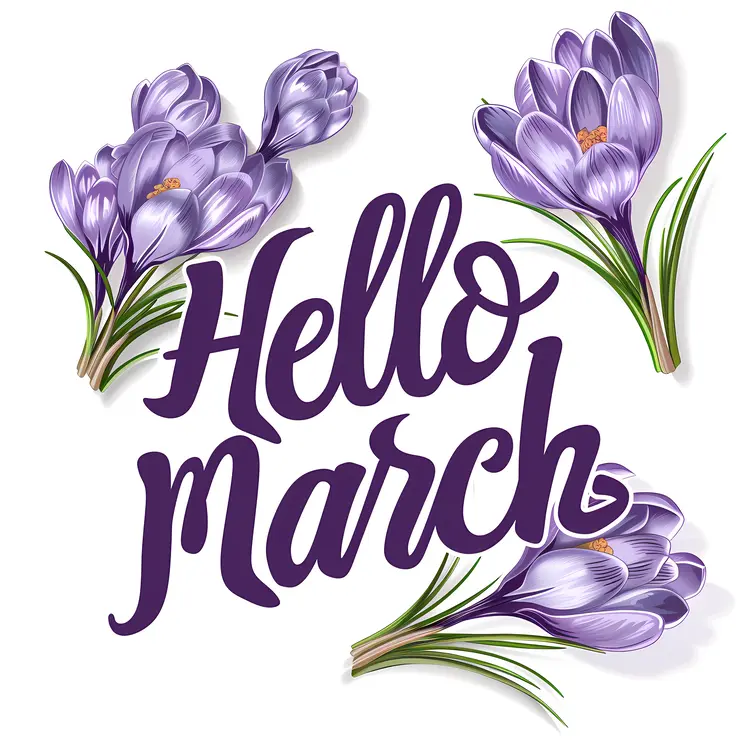 Purple Flowers with Hello March Greeting