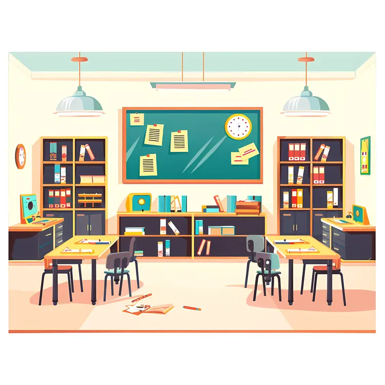 Classroom with Blackboard and Bookshelves