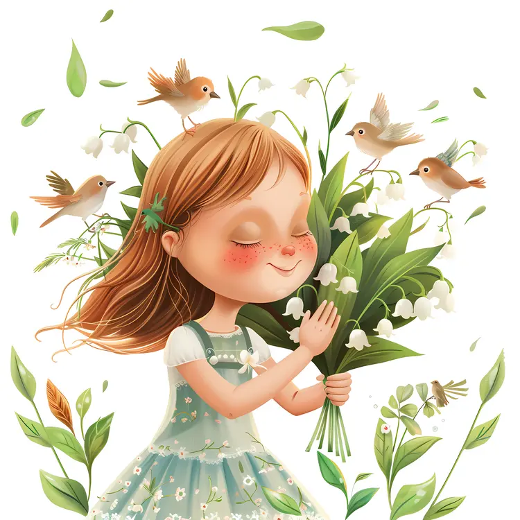 Girl Holding Lily of the Valley with Birds