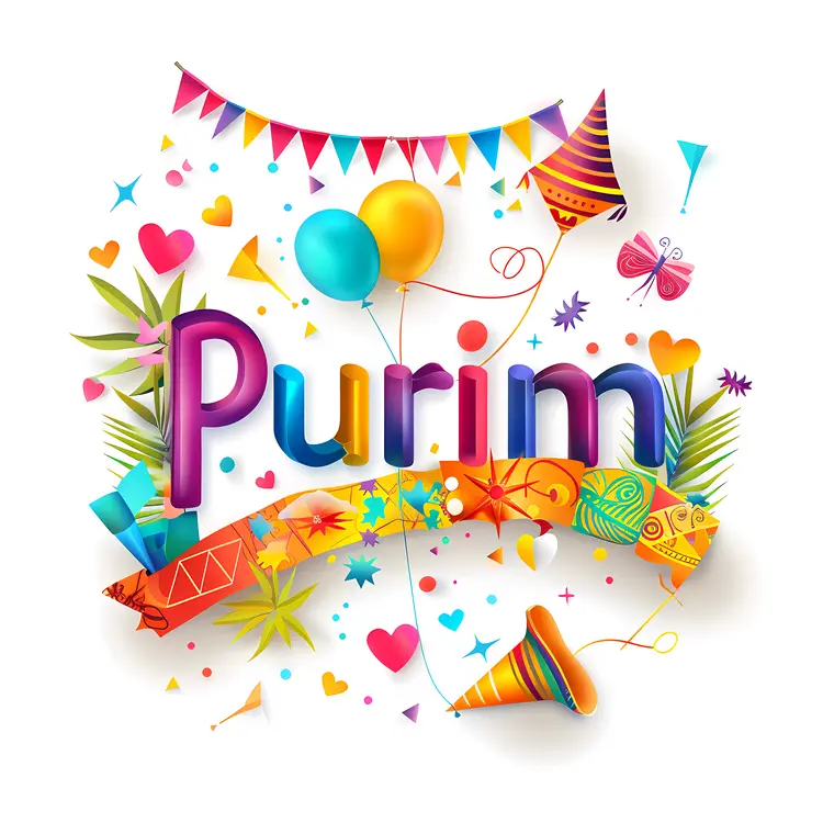 Colorful Purim Celebration with Balloons and Confetti
