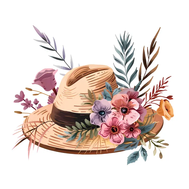 Straw Hat with Purple Floral Decoration
