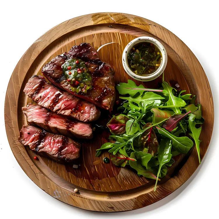 Sliced Grilled Steak with Fresh Salad on Wooden Plate