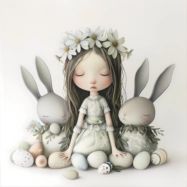 Cute Girl with Bunnies and Easter Eggs