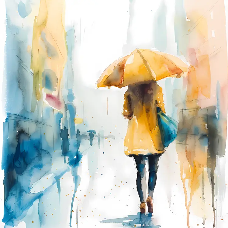 Person Walking with Yellow Umbrella in Rain