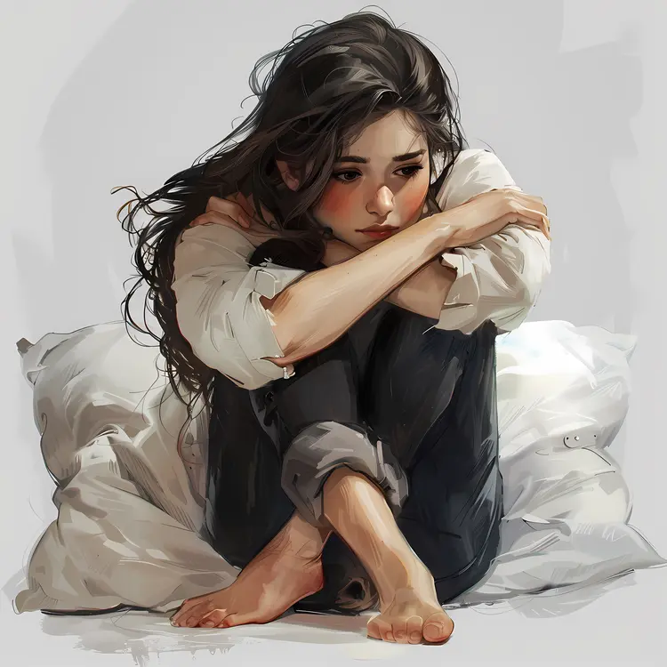 Sad Girl Sitting with Pillow