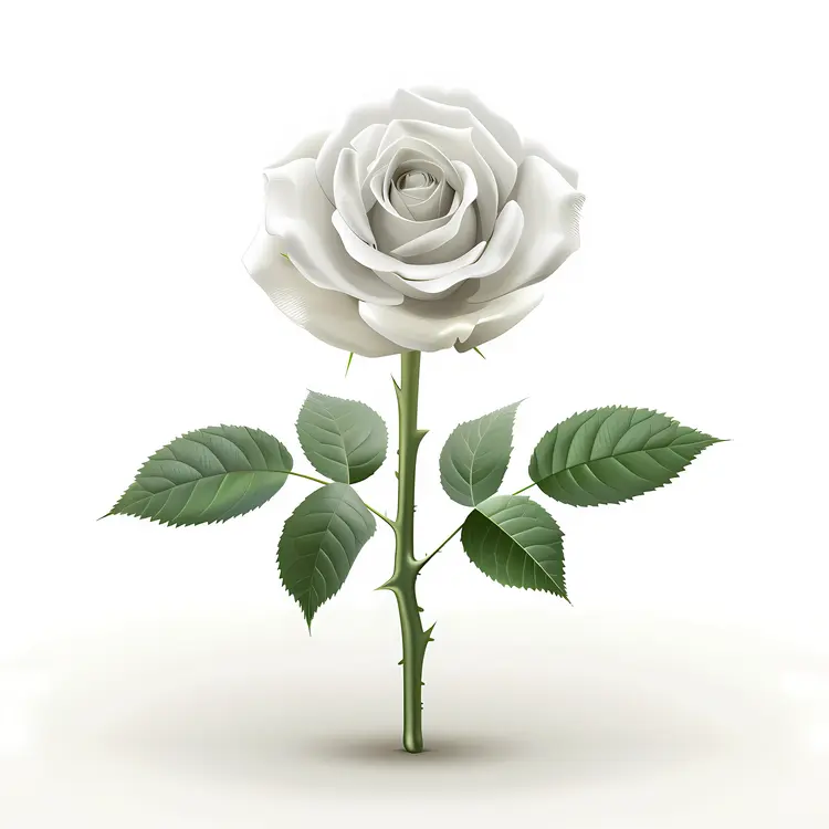 Single White Rose with Stem and Leaves