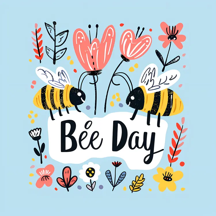 Bee Day Doodle with Two Bees and Flowers