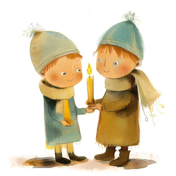 Children Holding Candle in Winter Clothes