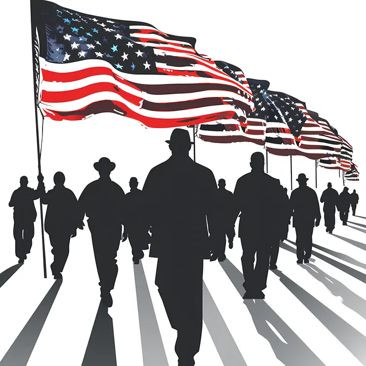 Group of People Marching with Multiple American Flags
