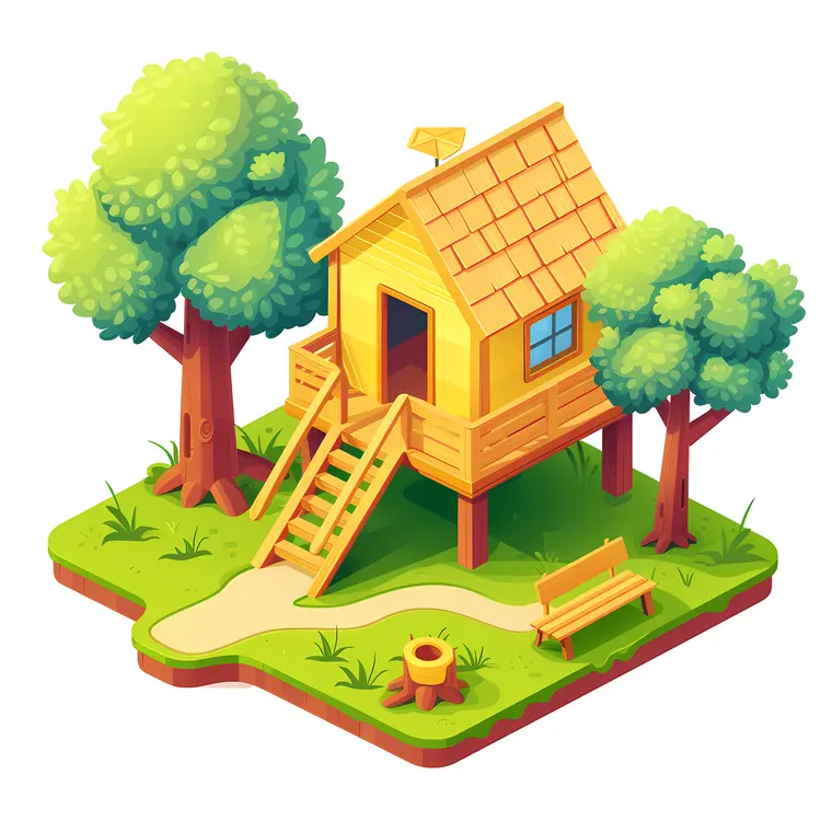 Small cute treehouse with bench