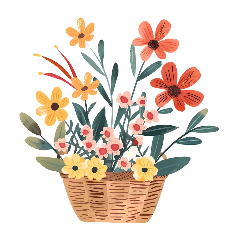 Illustrated Basket with Wildflowers