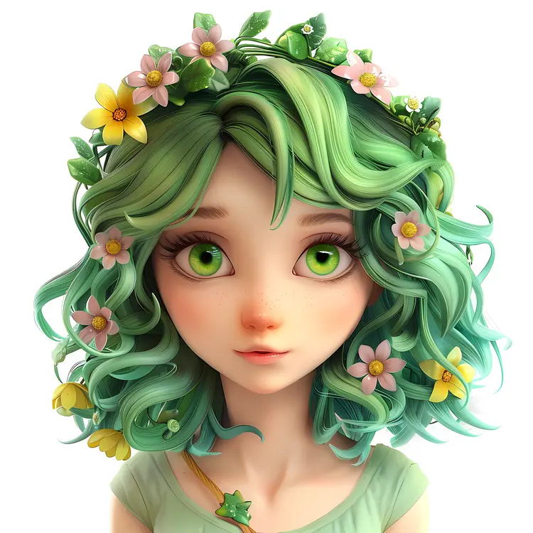 Girl with Green Hair and Flower Crown
