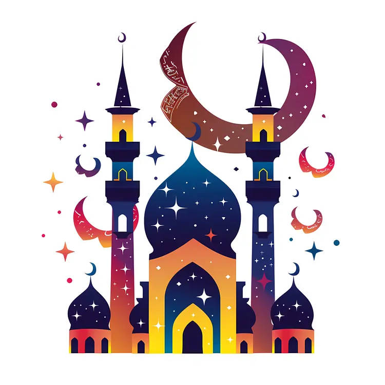 Colorful Mosque with Crescent and Stars
