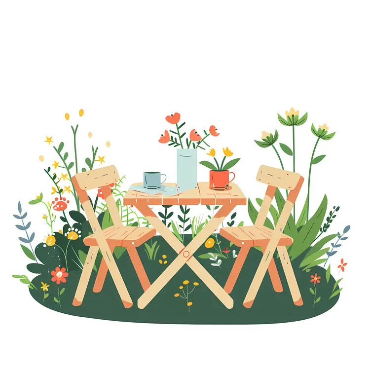 Garden Table with Flowers and Wooden Chairs