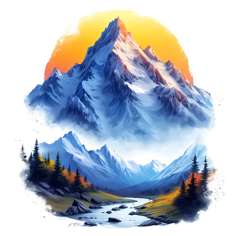 Sunset Over Snowy Mountain Landscape