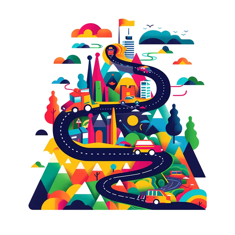 Colorful Cityscape with Winding Road