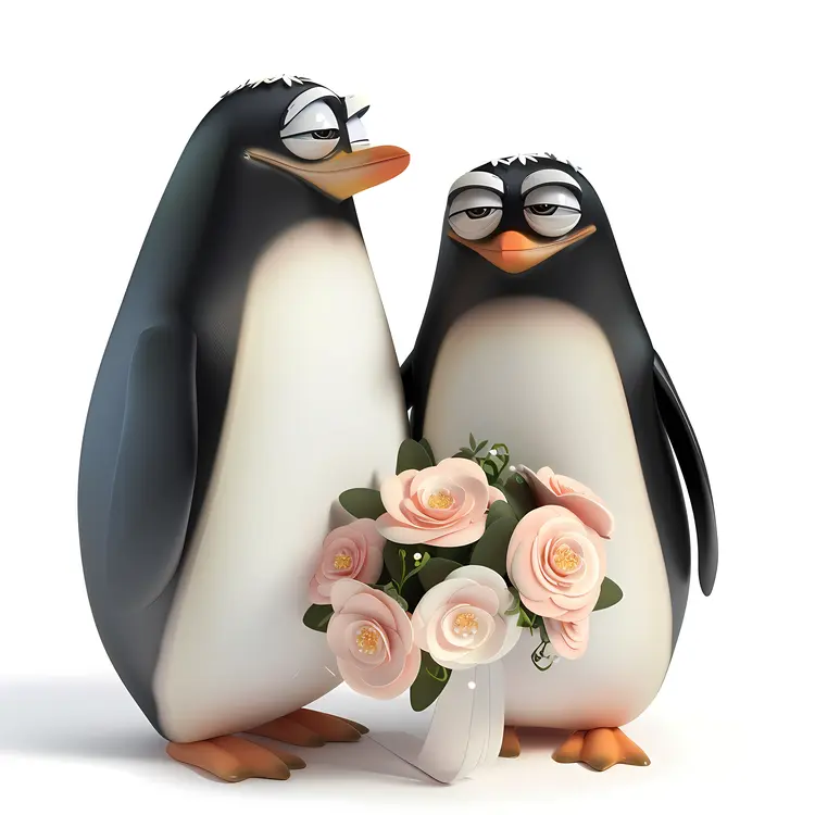 Penguins with Flowers in Love